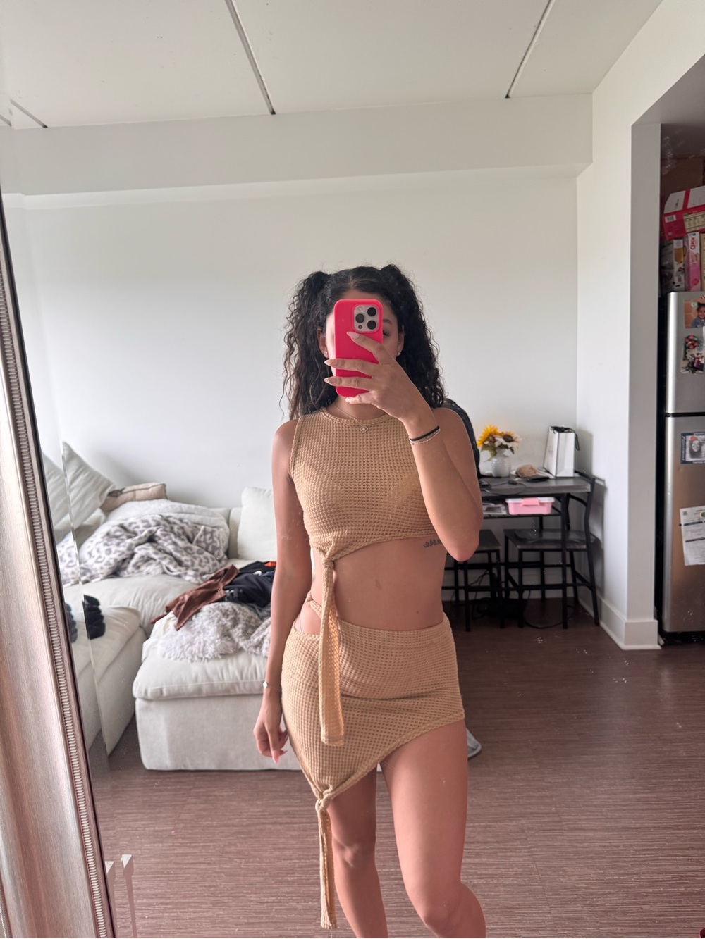 PrettyLittleThing Tan Cutout Knit Mini Dress
